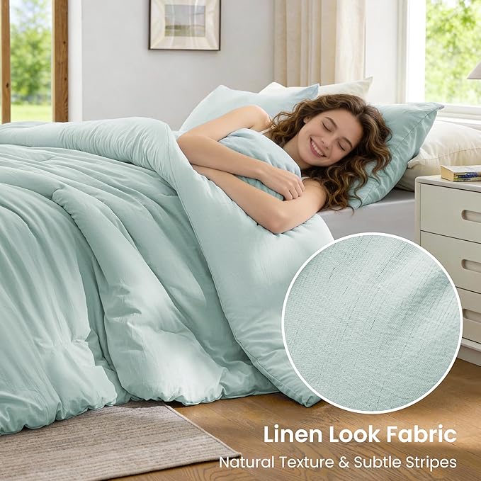 Love's cabin King Size Comforter Set Light Blue, 3-Piece 90% Polyester 10% Linen Blend Bedding Set, Linen-Look Textured Stripe, Down Alternative All-Season Comforter with Pillow Shams | Soft, Breathable, Lightweight