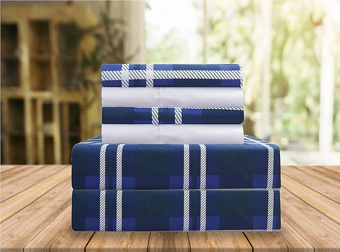 Elegant Comfort Luxury Soft Bed Sheets Plaid Pattern - 1500 Premium Hotel Quality Microfiber Softness Wrinkle and Fade Resistant (4-Piece) Bedding Set, Twin/Twin XL, Navy Blue