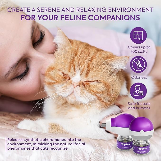 TopSum Cat Calming Pheromone Diffuser: Feline Pheromones Plug in for Stress, Along At Home, Spraying, Fighting, Scratching, Aggression & Excessive Meowing (Purple– 4 Refills)