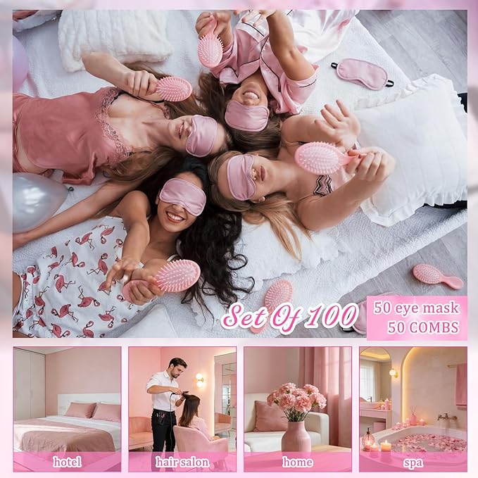 Meanplan 100 Pcs Mini Hair Brush Set 50 Sleep Mask 50 Portable Wet Dry Hair Combs Detangling for Women Spa Sleepover Party Supplies for Travel Team Building Wedding Bridesmaid Gifts(Pink)