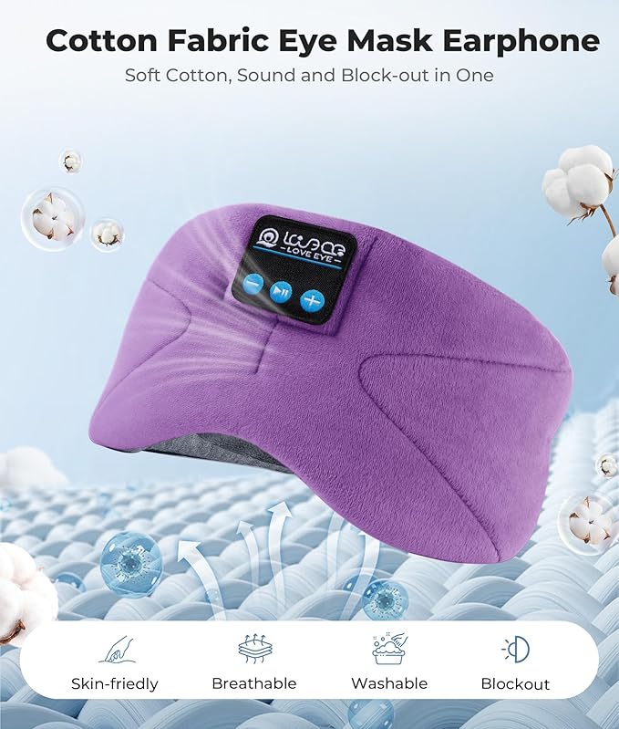 LOVE EYE Sleep Headphones Bluetooth 5.4 Sleeping Eye Mask Wireless Music Earphones with HD Speakers for Side Sleepers Total Blackout Cotton Mask for Travel, Office, Unique Gifts (Lavender Purple)