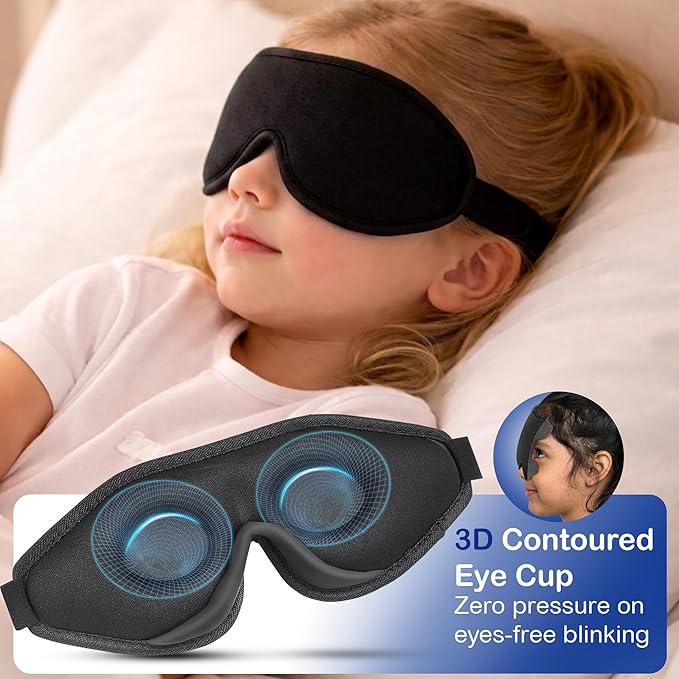 3D Sleep Mask for Kids, Light Block Sleeping Blindfold Memory Foam Contoured Eye Mask for Sleep, Adjustable Strap Eye Cover and Travel Sleep Mask for Boys Girls, Black