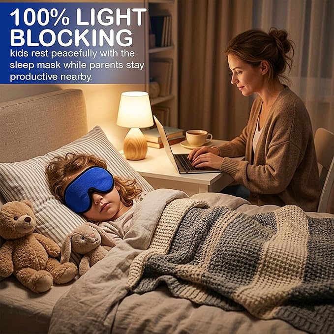 3D Sleep Mask for Kids, Light Block Sleeping Blindfold Memory Foam Contoured Eye Mask for Sleep, Adjustable Strap Eye Cover and Travel Sleep Mask for Boys Girls, Dark Blue