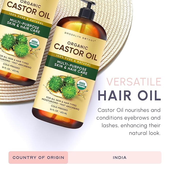 Brooklyn Botany Cold-Pressed Organic Castor Oil | for Hair, Skin and Face | 16 Fl Oz | 100% Pure and Natural | Carrier Oil for Essential Oils, Aromatherapy and Massage | Hexane Free