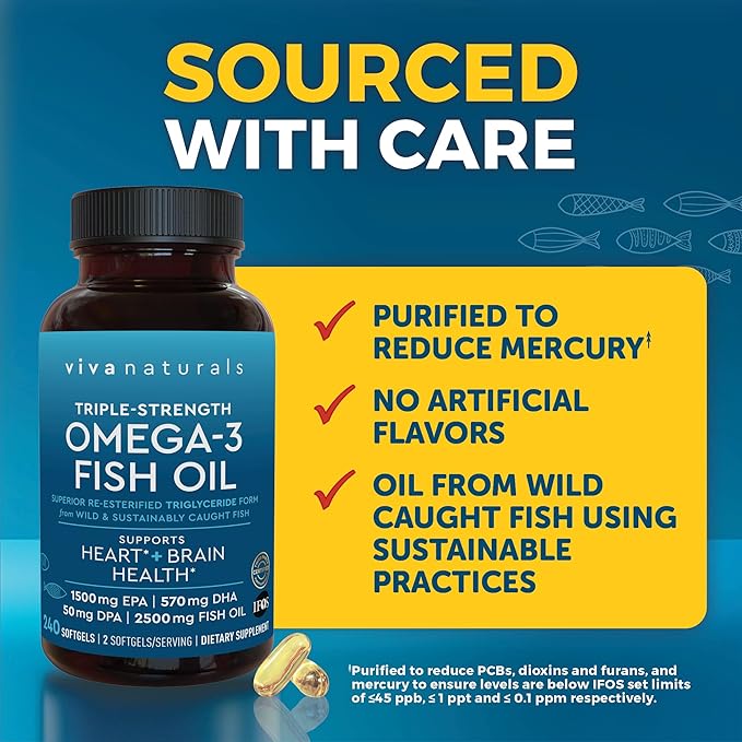 Viva Naturals Omega 3 Fish Oil Supplement for Women and Men - 2500 mg Triple Strength Fish Oil Pills with Re-Esterified Omega 3 Fatty Acids Including EPA, DHA DPA - 240 Pescatarian-Friendly Softgels