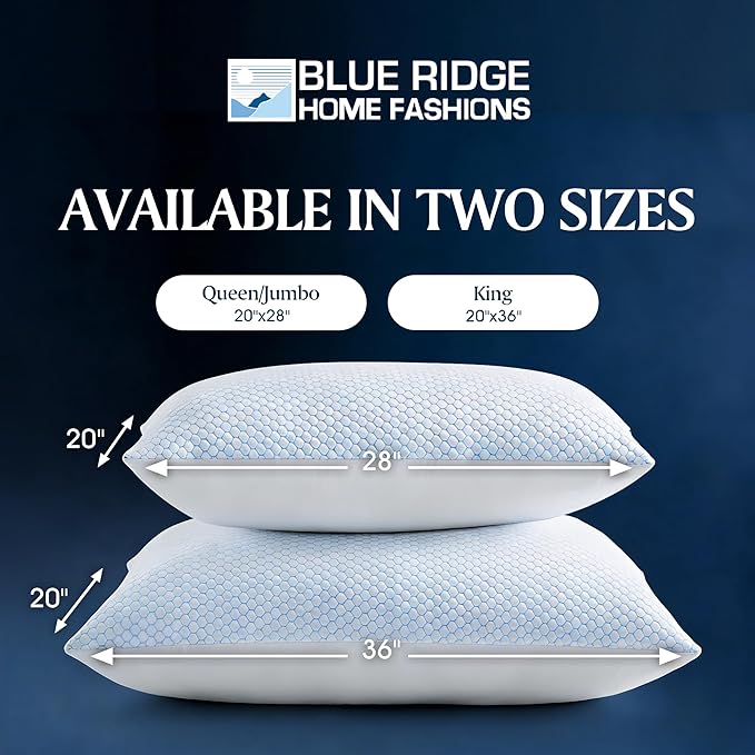 Blue Ridge Home Fashions Cooling Bed Pillows King Size Set of 2, Reversible Cooling & Cotton Fabric, Medium Firm, Down Alternative Breathable Support for Hot, Side, Back & Stomach Sleepers, 20" x 36"