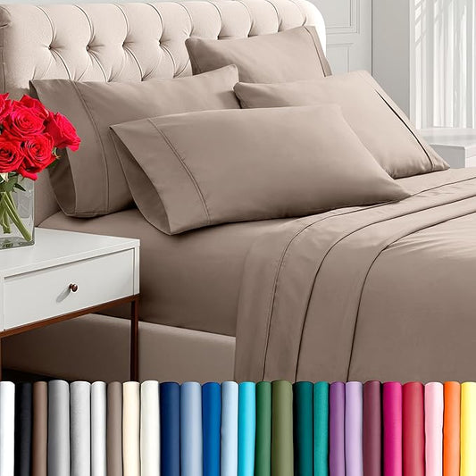 Bare Home Hotel Luxury Short Queen Sheet Set, Extra Soft - 6 Piece Set - Deep Pockets - Easy Fit - Cooling & Breathable - Wrinkle, Fade, Stain Resistant - Includes 4 Pillowcases (Short Queen, Taupe)