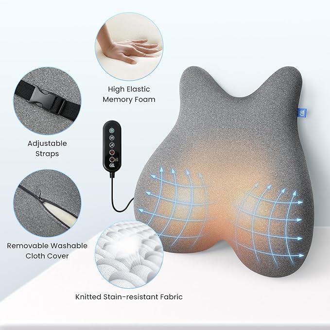 CILI Heated Lumbar Support Pillow for Office Chair, Ergonomic Back Support Cushion with Vibration, Memory Foam Chair Back Massager, Mother‘s Day Gifts for Mom