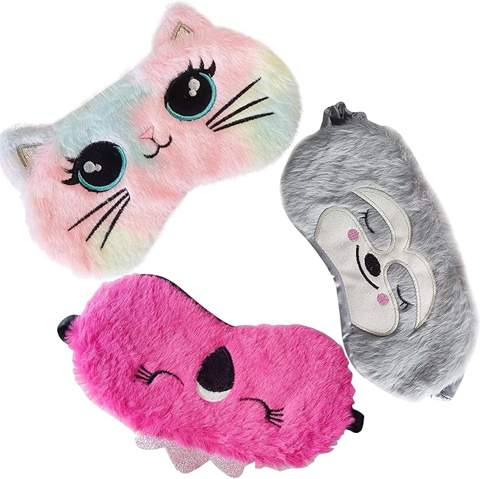 Cute Animal Sleeping Mask Soft Plush Blindfold Cute Rabbit Panda Koala Eye Cover Eyeshade for Kids Teens Girls Women (3Pack Multicolor)
