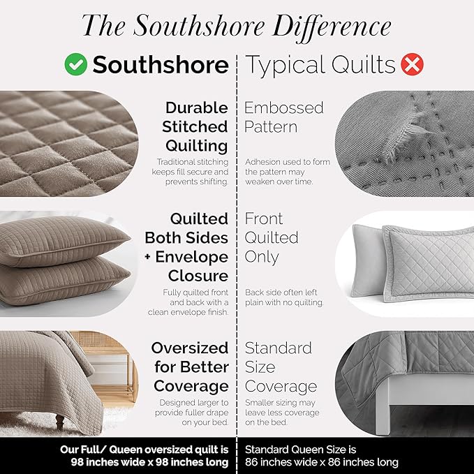 Southshore Fine Living, Inc. Quilts Full Size, Queen Size Quilt Bedding Set, Pet Hair Resistant Bedding Coverlet Queen Size, Full Size Bedspread w/ 2 Pillow Shams, Quilted Bedspread, Dark Taupe Quilts