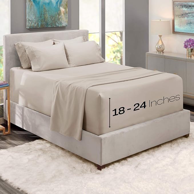 Hearth & Harbor Bed Sheets, Luxury Soft 6 Piece Bed Sheet Set Extra Deep Pocket Fitted Sheets Fits Mattress up to 21", Double Brushed Bedding Sheets & Pillowcases, Twin, Natrual Linen