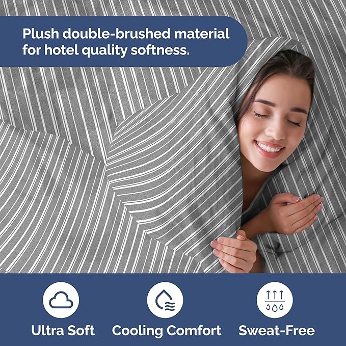Duvet Cover King Size Set - Extra Soft King Duvet Cover 104" x 90" with 2 Pillow Shams - Hotel Luxury, Easy Care & Fade Free with Zipper Closures and Ties - Comfy, Cozy and Breathable (Grey Stripes)