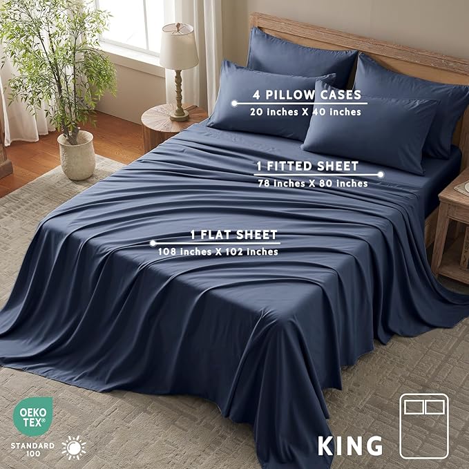 King Size Sheets Set - 6 Piece Luxuriously Soft & Cooling Sheets King Size - Ultra Soft 16" Deep Pocket King Sheet Set - Fitted Sheet & Pillowcase Sets (King Navy Blue)