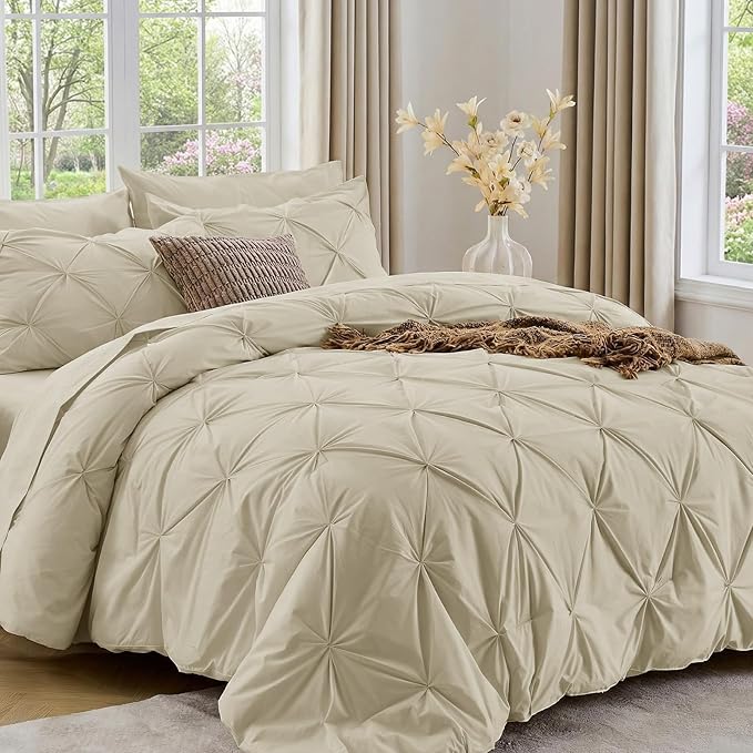 Sasttie Twin Comforter Set, 5-Piece Bed in a Bag, Pintuck Bedding Sets for All Season, Includes Comforter, Flat Sheet, Fitted Sheet, Pillowcase and Pillowsham, Linen