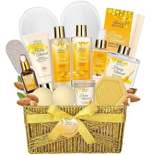 Bath & Body Gift Set, 15 Pcs Honey Almond Scented Bath Set, Home Spa Bath Gift Basket Pamper Gifts for Women Her Mom Friends Sister, Relaxing Spa Gift Baskets for Women Self Care Package