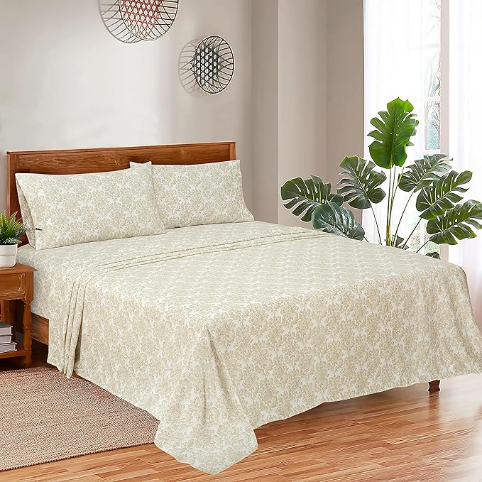 ROYALE LINENS 300 Thread Count 100% Long Staple Combed Cotton Sheet Set - 4 Piece King Bed Sheets - 1 Fitted, 1 Flat & 2 Pillow Cases - Soft Cool & Crisp Sheet Set (King, Floral Damask,Rainy Day)