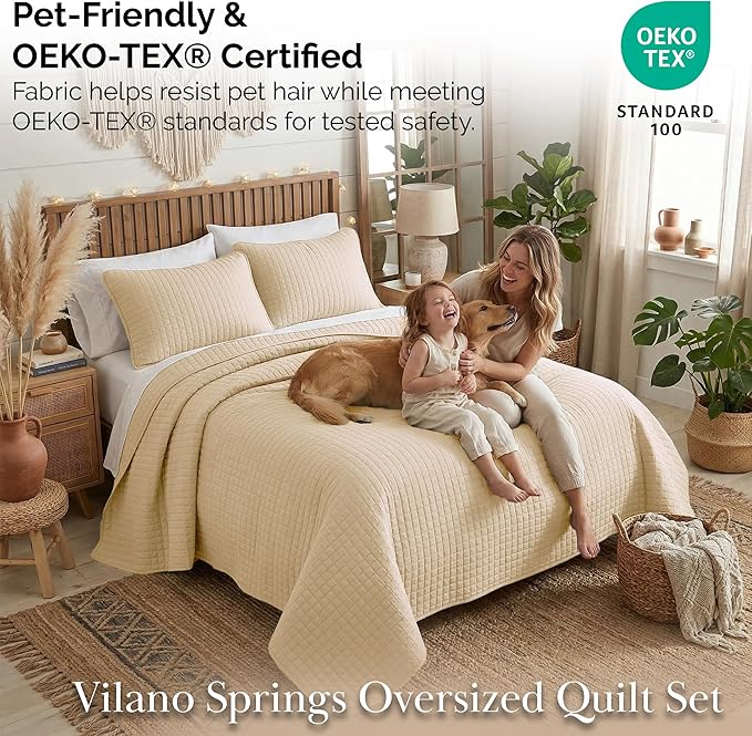 Southshore Fine Living, Inc. Queen Size Quilt Bedding Set, Hotel Quilts, Pet Hair Resistant Bedding Sets, Coverlet Queen Size, Full Size Bedspread with 2 Pillow Shams, Beige Quilts, Soft Sand
