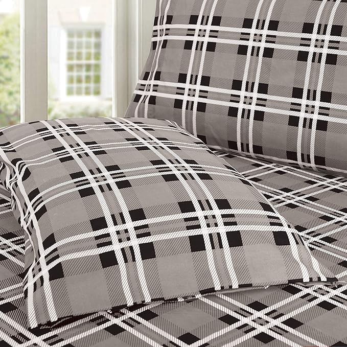 Elegant Comfort Luxury Soft Bed Sheets Plaid Pattern - 1500 Premium Hotel Quality Microfiber Softness Wrinkle and Fade Resistant (6-Piece) Bedding Set, King, Plaid Grey