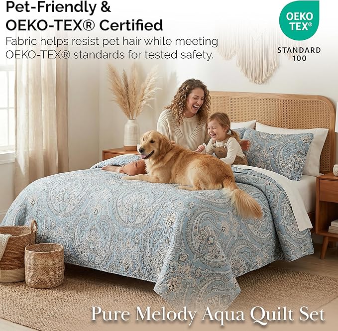 Southshore Fine Living, Inc. Full/Queen Quilt Bedding Set, Paisley Full Size Summer Bedspread, Boho Bedding Set for Full Size Mattress, Queen Size Quilt Coverlet & Matching Shams, Pure Melody Aqua