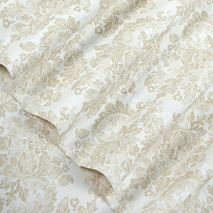 ROYALE LINENS 300 Thread Count 100% Long Staple Combed Cotton Sheet Set - 4 Piece King Bed Sheets - 1 Fitted, 1 Flat & 2 Pillow Cases - Soft Cool & Crisp Sheet Set (King, Floral Damask,Rainy Day)