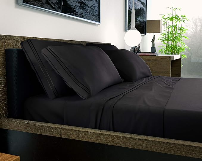 DREAMCARE Queen Sheet Set - 6 pcs Breathable Cooling Bed Sheets - up to 21" Extra Deep Pocket Queen Sheets Set with Side Pockets - Extra Soft 100% Brushed Hypoallergenic Hotel Luxury Bedding - Black