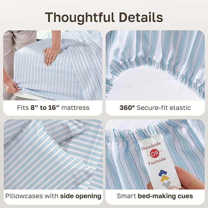 California Design Den Soft 100% Cotton Sheets Cal King Size Set, 400 TC Good Housekeeping Award Winner, Smooth Sateen Finish with Deep Pockets, Cozy and Durable Cotton Bedding Set - Cape Stripe Blue