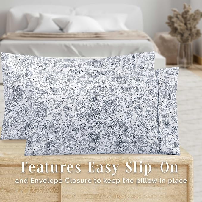 Elegant Comfort Ultra Soft Set of 2 Floral Print Pillowcases - 1500 Premium Hotel Quality Microfiber, Soft and Smooth Envelope Closure 2-Piece Pillow Covers - Standard/Queen, Paisley Navy