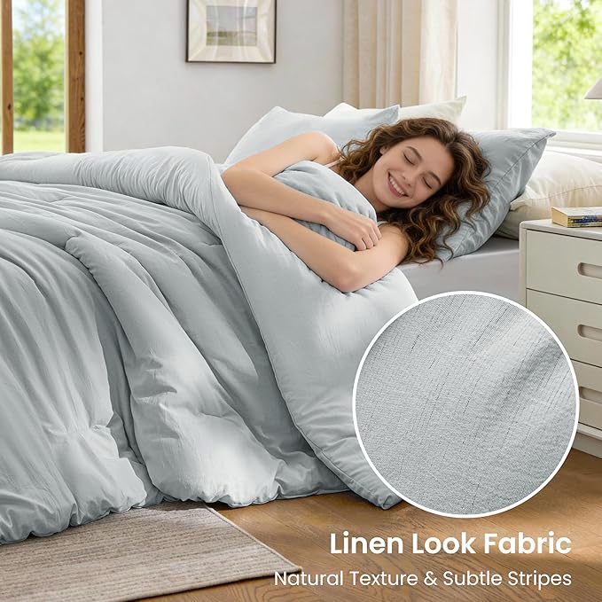 Love's cabin Full Size Comforter Set Light Grey, 3-Piece 90% Polyester 10% Linen Blend Bedding Set, Linen-Look Textured Stripe, Down Alternative All-Season Comforter with Pillow Shams | Soft, Breathable, Lightweight