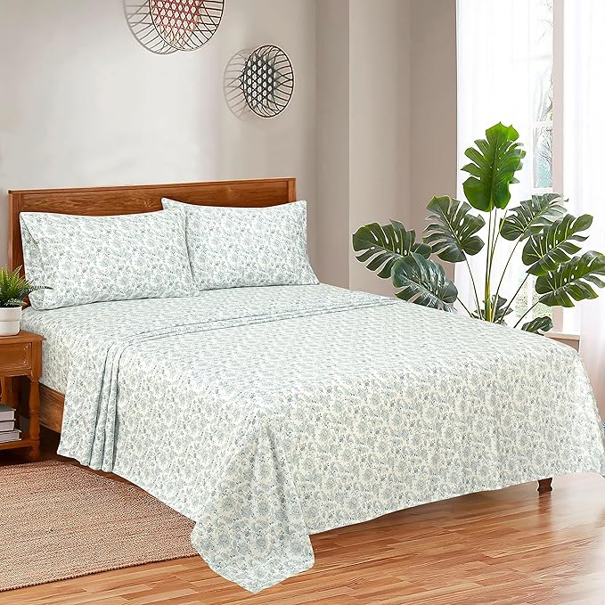 ROYALE LINENS 300 Thread Count 100% Long Staple Combed Cotton Sheet Set - 4 Piece King Bed Sheets - 1 Fitted, 1 Flat & 2 Pillow Cases - Soft Cool & Crisp Sheet Set (King, Tossed Floral,Dusty Blue)