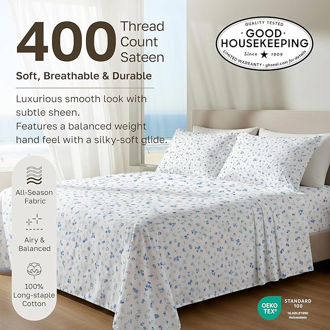 California Design Den Soft King Size 100% Cotton Sheet Sets, 400 TC Good Housekeeping Award Winner, Smooth Sateen Finish with Deep Pockets, Cozy and Durable King Bedding Set - Floral White/Blue