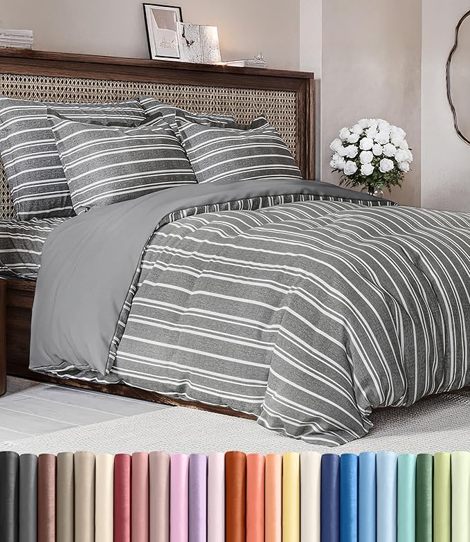 Duvet Cover Full Size Set - Extra Soft Full Duvet Cover 80" x 90" with 2 Pillow Shams - Hotel Luxury, Easy Care & Fade Free with Zipper Closures & Ties - All Season, Comfy & Breathable (Grey Stripes)
