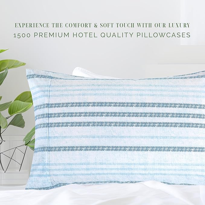 Elegant Comfort Ultra Soft Set of 2 Striped Print Pillowcases - 1500 Premium Hotel Quality Microfiber, Soft and Smooth Envelope Closure 2-Piece Pillow Covers - Standard/Queen, Traci Aqua