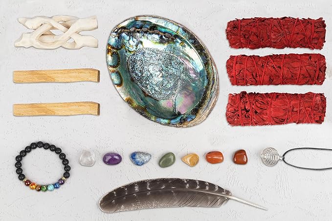 Wish Well Sage Smudge Kit - 3 Dragons Blood Sage Sticks, 2 Palo Santo Sticks, Abalone Shell, Stand, Feather, 7 Chakra Stones & Crystal Bracelet ~ Sage Incense Sticks for Cleansing House & Meditation