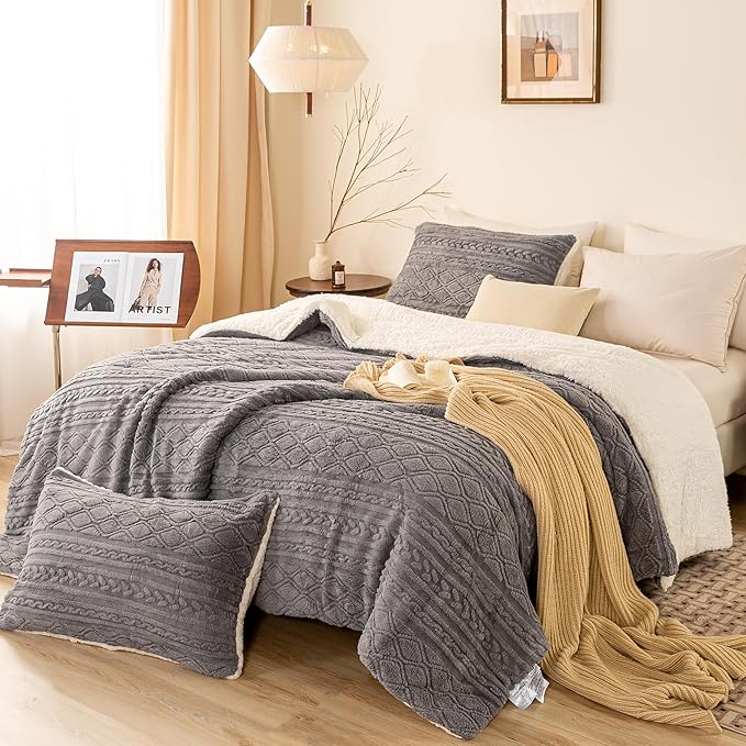 Warm Plush Sherpa Fleece Comforter Twin/Twin XL Set - Ultra-Warm Thickened Boho 3D Jacquard Softness Child Kid Bed Comforter Set Fluffy Surface for Cozy Autumn Winter Christmas Nights Grey