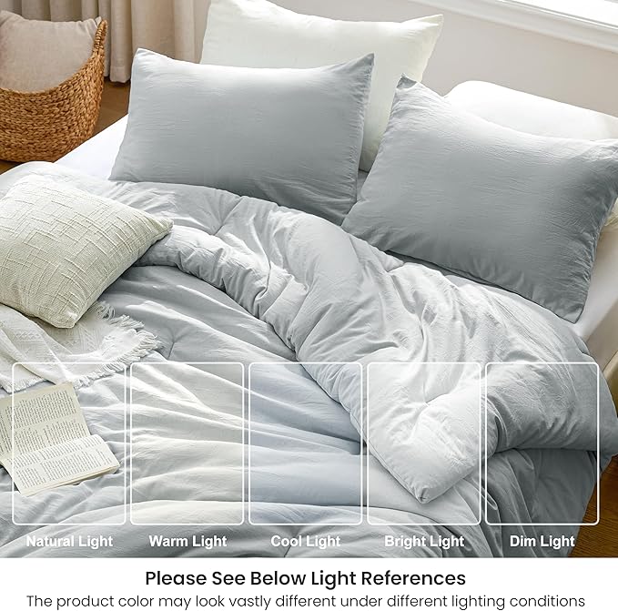 Love's cabin Queen Comforter Set Light Grey, 3-Piece 90% Polyester 10% Linen Blend Bedding Set, Linen-Look Textured Stripe, Down Alternative All-Season Comforter with Pillow Shams | Soft, Breathable, Lightweight