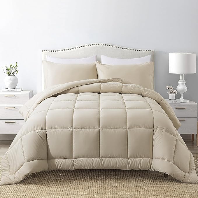 DOWNCOOL Full Size Comforter Sets -All Season Bedding Comforters Sets with 2 Pillow Cases -3 Pieces Bed Set Down Alternative Comforter Set -Beige Bedding Sets Full(82"x86")