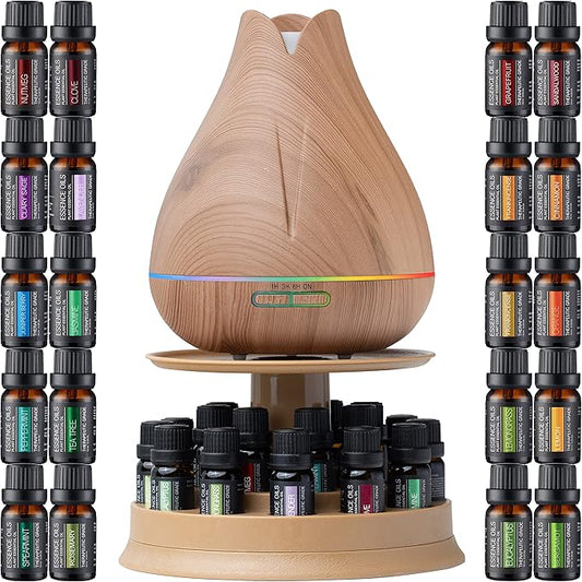 Aromatherapy Essential Oil Diffuser Gift Set with 20 Oils and Rotating Display Stand - 400ml Ultrasonic Diffuser with 20 Essential Plant Oils - 4 Timer & 7 Ambient Light Settings
