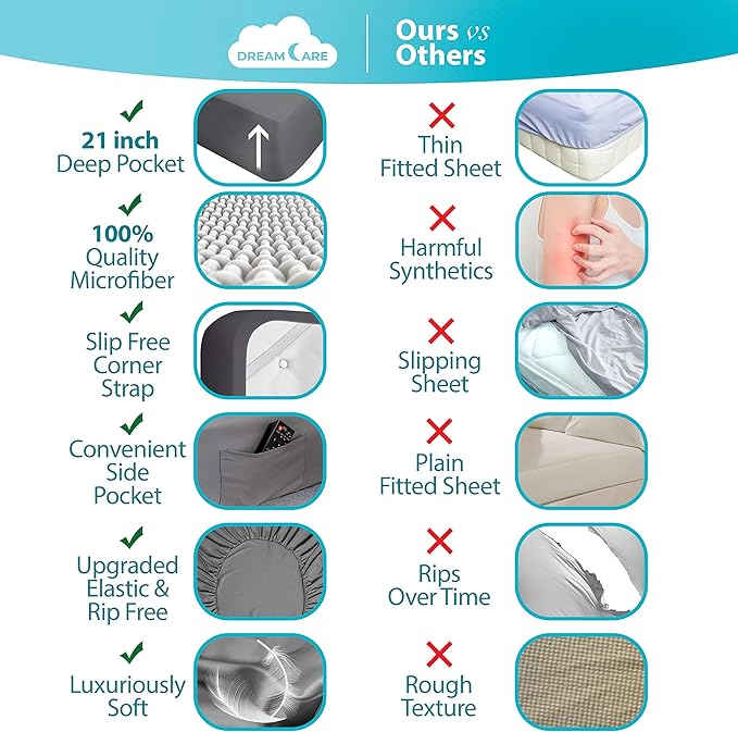 DREAMCARE Queen Sheet Set - 6 pcs Breathable Cooling Bed Sheets - up to 21" Extra Deep Pocket Queen Sheets Set with Side Pockets - Extra Soft 100% Brushed Hypoallergenic Hotel Luxury Bedding - Gray