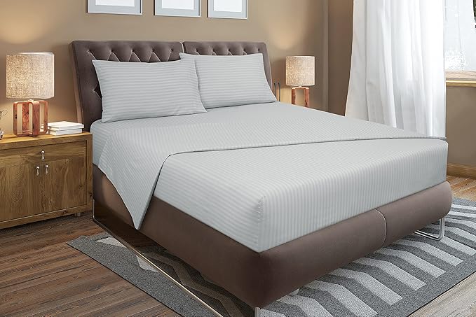 ROYALE LINENS 3 Piece Twin Sheets Set - Soft Brushed 1800 Microfiber Bedding - 1 Fitted, 1 Flat Sheet, 1 Pillow case - Wrinkle Free & Fade Resistant - Hotel Luxury Bed Sheets (Stripe Silver, Twin)