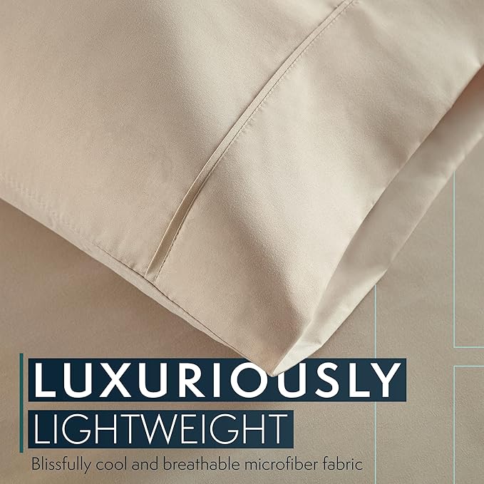 HC COLLECTION Bed Sheets Full Size Set, Hotel Luxury Platinum 1800 Series Brushed Microfiber Sheet w/Pillow Cases, Ultra Soft Lightweight 4 Pcs Bedding for Hot Sleepers Men Women Teens, Taupe