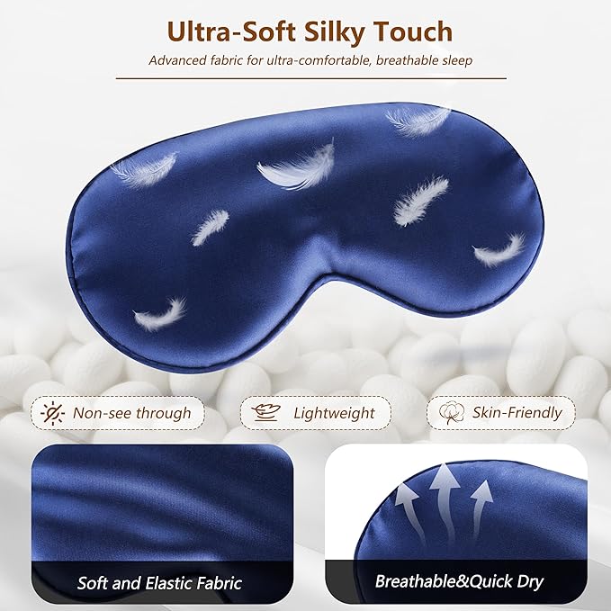 Sleep Mask Silk Eye Mask for Men Sleeping Mask, Adjustable Elastic Strap for Night Shading Sleep Mask, Soft and Comfortable for Both Men and Women (Dark Blue, 2 Packs)
