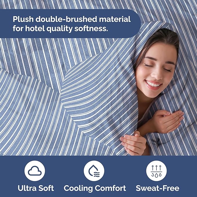 Duvet Cover Full Size Set - Extra Soft Full Duvet Cover 80" x 90" with 2 Pillow Shams - Hotel Luxury, Easy Care & Fade Free with Zipper Closures & Ties - All Season, Comfy & Breathable (Blue Stripes)