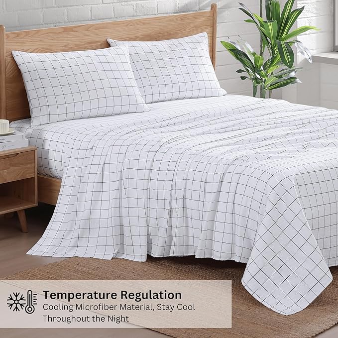 Casa Platino Bed Sheets California King Size, Pre-Washed Ultra Soft & Breathable California King Bed Sheets Set, 100% Hydro-Brushed Microfiber Cooling Sheets Deep Pocket - Windowpane