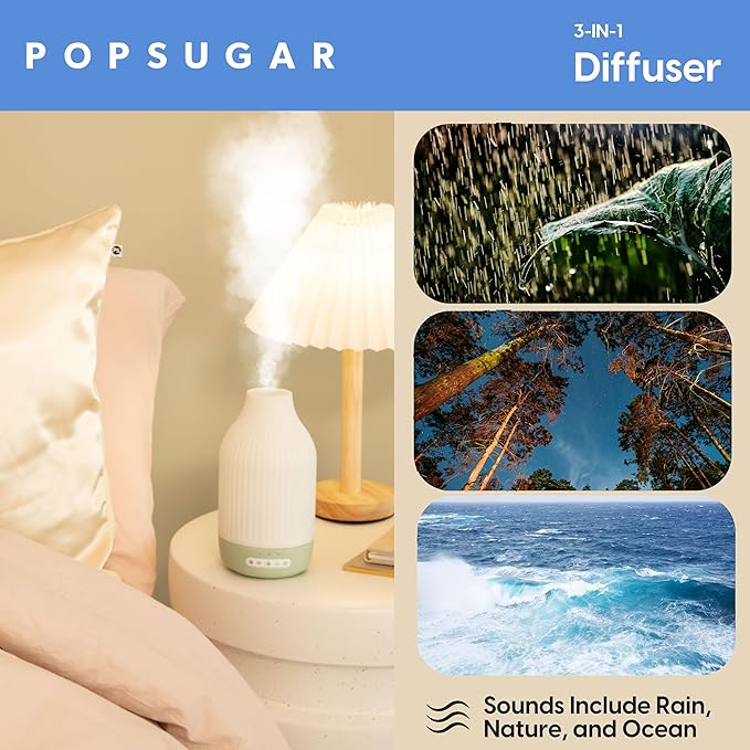 POPSUGAR 3-in-1 Aromatherapy Essential Oil Diffuser for Rooms and Home, Humidifier with Light and Natural Sound Settings, Auto Shut Off