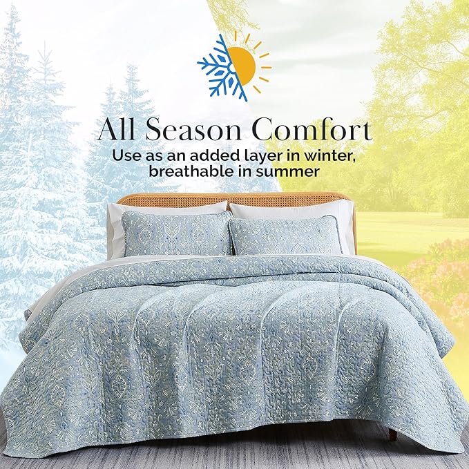 Southshore Fine Living, Inc. Twin XL Comforter Quilt Set, Dorm Bedding Essentials, Stain Resistant, Machine Washable Paisley Boho Bed Spread, Twin XL Quilt Bedspread Set w/Pillow Sham, Blue Paisley