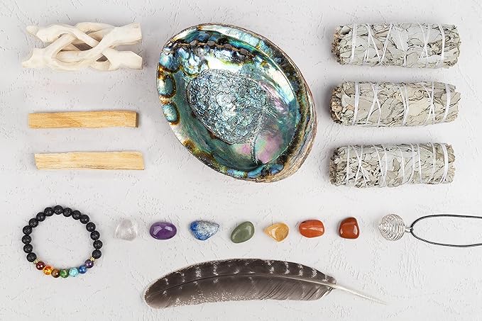 Wish Well Sage Smudge Kit - 3 White Sage Sticks, 2 Palo Santo Sticks, Abalone Shell, Stand, Smudging Feather, 7 Chakra Stones & Crystal Bracelet ~ Sage Incense Sticks for Cleansing House & Meditation