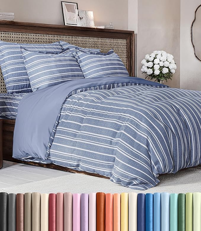 Duvet Cover King Size Set - Extra Soft King Duvet Cover 104" x 90" with 2 Pillow Shams - Hotel Luxury, Easy Care & Fade Free with Zipper Closures & Ties - All Season, Comfy & Breathable (Blue Stripes)