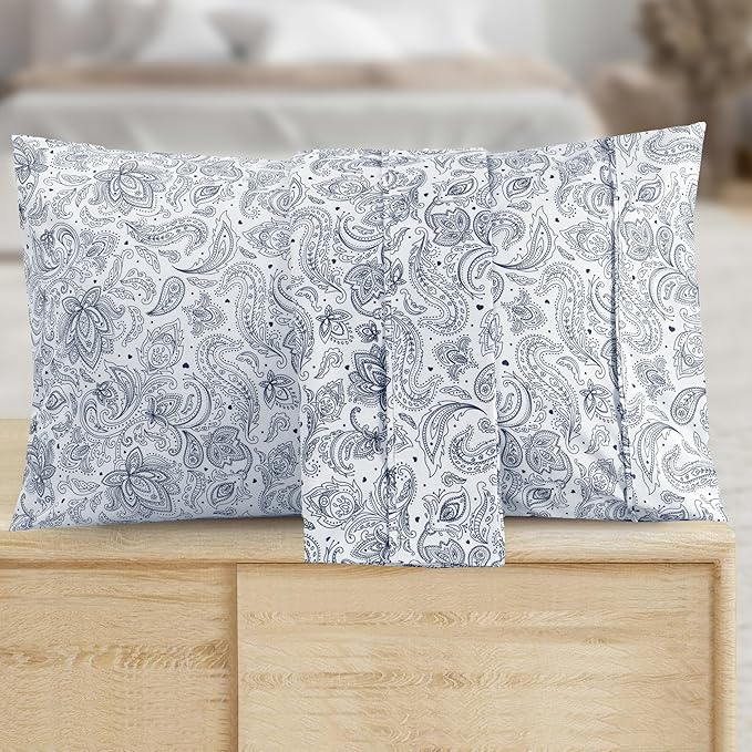 Elegant Comfort Luxury Soft Bed Sheets Paisley Pattern - 1500 Premium Hotel Quality Microfiber Softness Wrinkle and Fade Resistant (6-Piece) Bedding Set, California King, Paisley Navy Blue