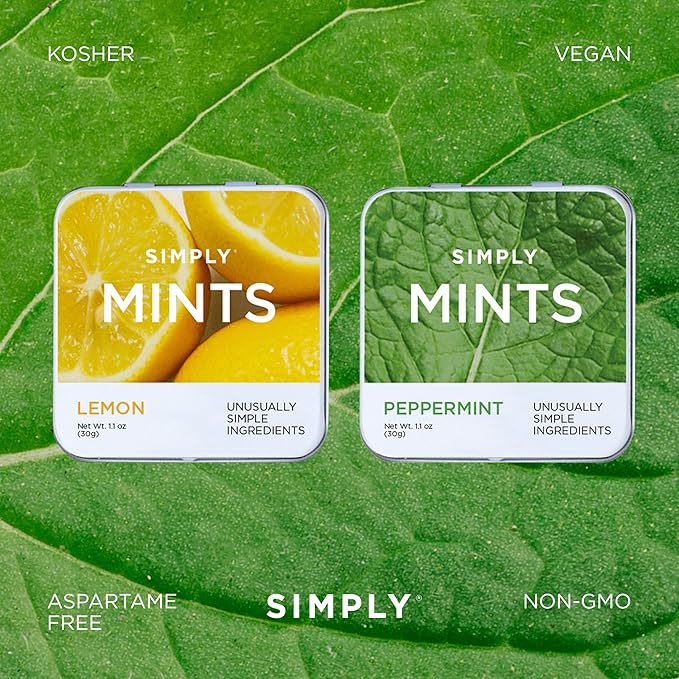 SIMPLY MINTS Lemon & Peppermint Natural Breath Mint Variety Pack, 6 Pack (180 Pieces), Made with Real Peppermint Oil | Aspartame-Free, Sorbitol-Free, Xylitol-Free, Vegan, Kosher, Non-GMO