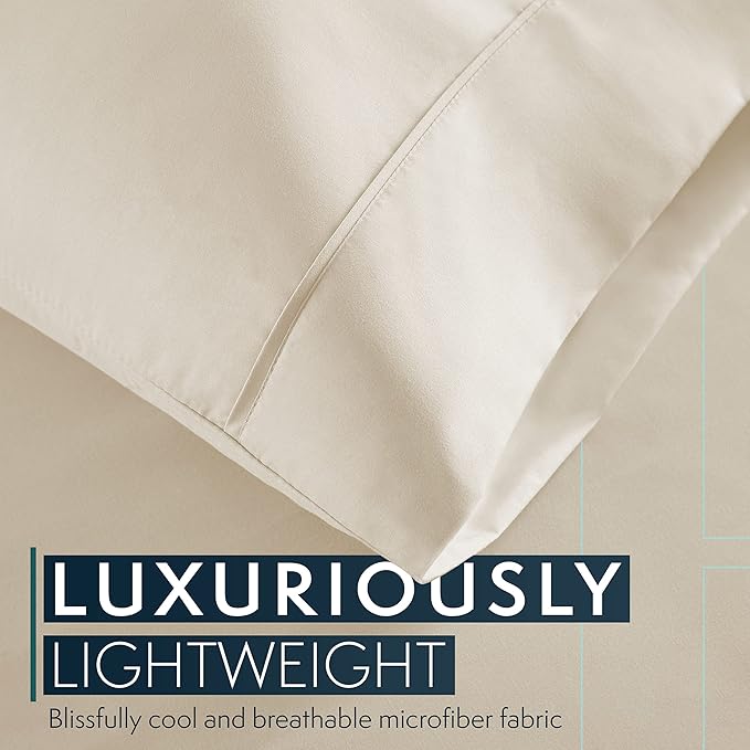 HC COLLECTION Twin Sheet Set w/ 1 Pillowcase, Hotel Luxury Platinum 1800 Series Brushed Microfiber Bed Sheets, Ultra Soft Lightweight Breathable Cooling 3 Pcs Bedding, All Season Easy Care, Cream